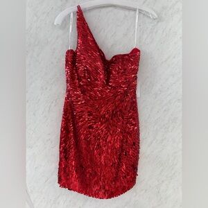 ONE SHOULDER RED SHERRI HILL MINI DRESS WITH 3 STRAPS IN THE BACK SZ 6